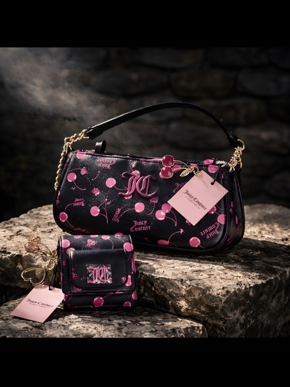 Juicy Couture Black & Pink Cherry Print Crossbody Bag with Matching Wallet